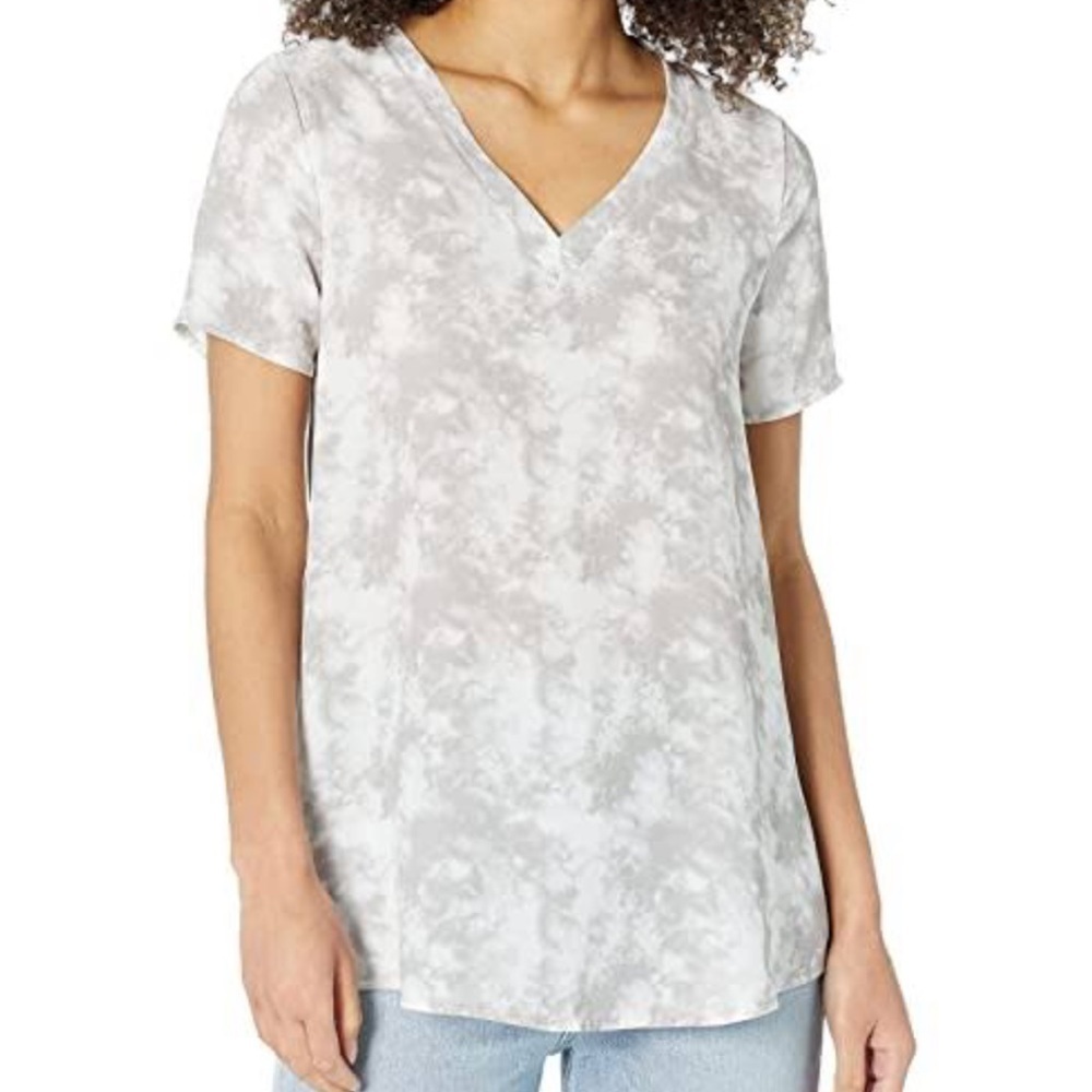 Bobeau Grey Tie Dye V neck mixed media short sleeves top blouse sz L new